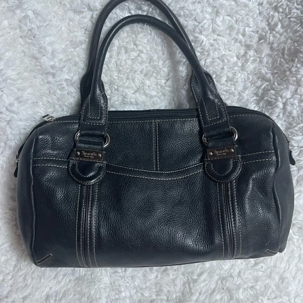 Tignanello leather black Medium Satchel silver tone hardwares.